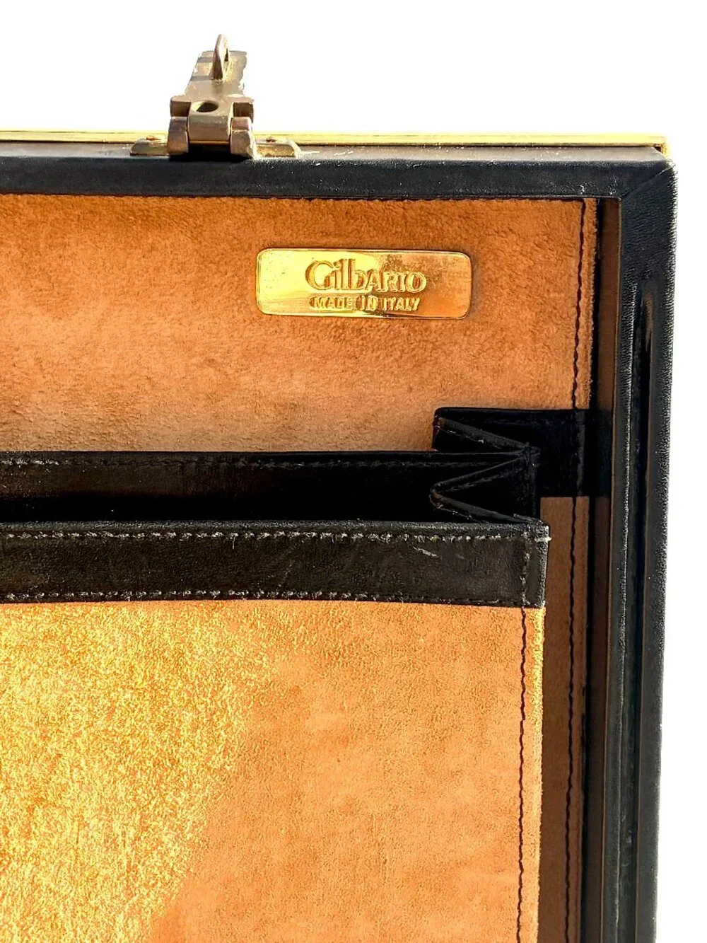 VTG Gilbarto Italian Hard-Shell Attaché Briefcase Black Leather Brass